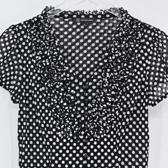 NEW INC Womens Polka Dot Mesh Ruffle V-Neck Top Black White Stretch Size Small - Picture 2 of 8